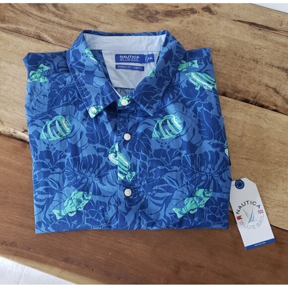 NWT Nautica Mens Classic Fit Stretch Button-Down Shirt XXL Blue Tropical Fish - Picture 10 of 10